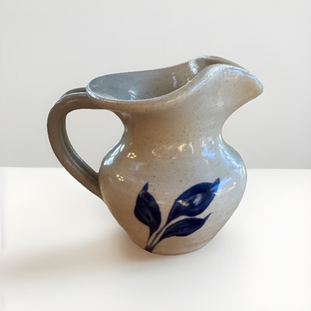 Williamsburg Pottery Salt Glazed Mini Creamer Pitcher Cobalt Blue Flower Painted